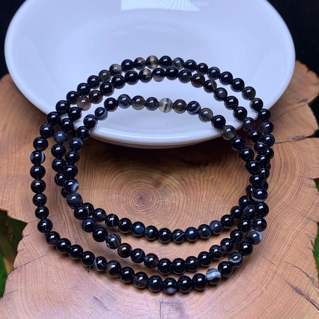 Black Lace Agate 3circle bracelet 4mm (SL728)